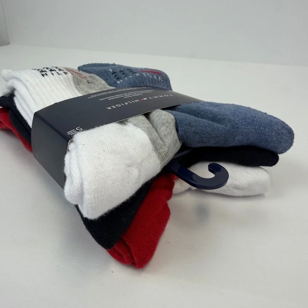 Tommy Hilfiger Mens 5 Pair Cushion Crew Socks Heather Blue White Red Flag NEW